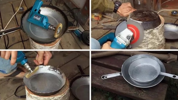 Очистка чугунно-алюминиевой сковороды от нагара дрелью в домашних условиях: обновить чугунную, алюминиевую, стальную сковороду